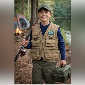 Master Sportsman Kids Fishing Vest Size M Khaki Multi Pocket Outdoor Fisherman